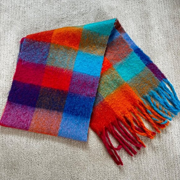 Bright Rainbow Plaid Rectangle Scarf Warm Fuzzy Winter Shawl Fringe Wrap - Picture 1 of 2